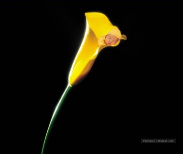 Génie endormi dans une fleur jaune originale de l’ange Peinture à l'huile